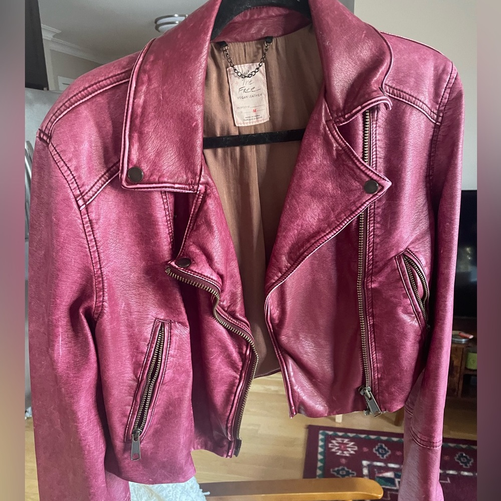 Free People Pink Cropped Vegan Leather Jacket